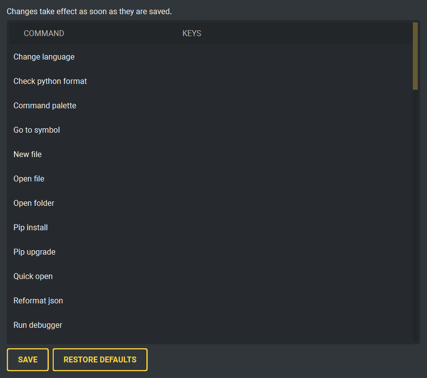 Keyboard shortcut settings