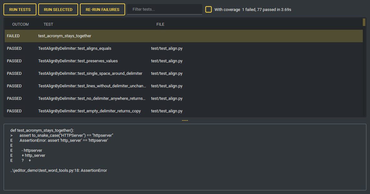 Test panel showing a failing test and its traceback