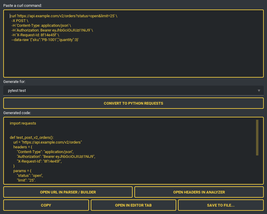 cURL import to pytest
