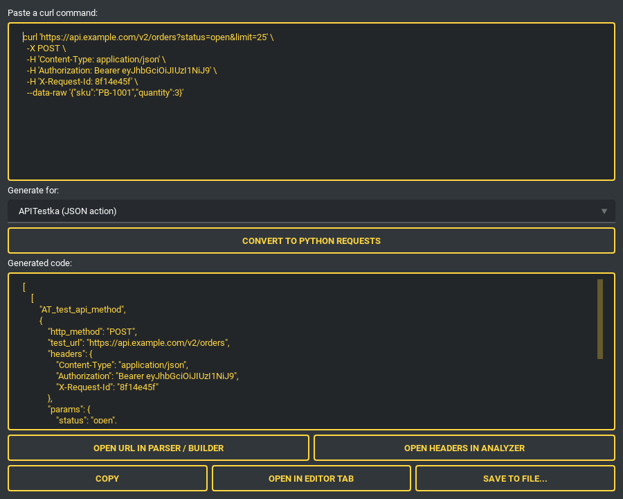 cURL import to APITestka action