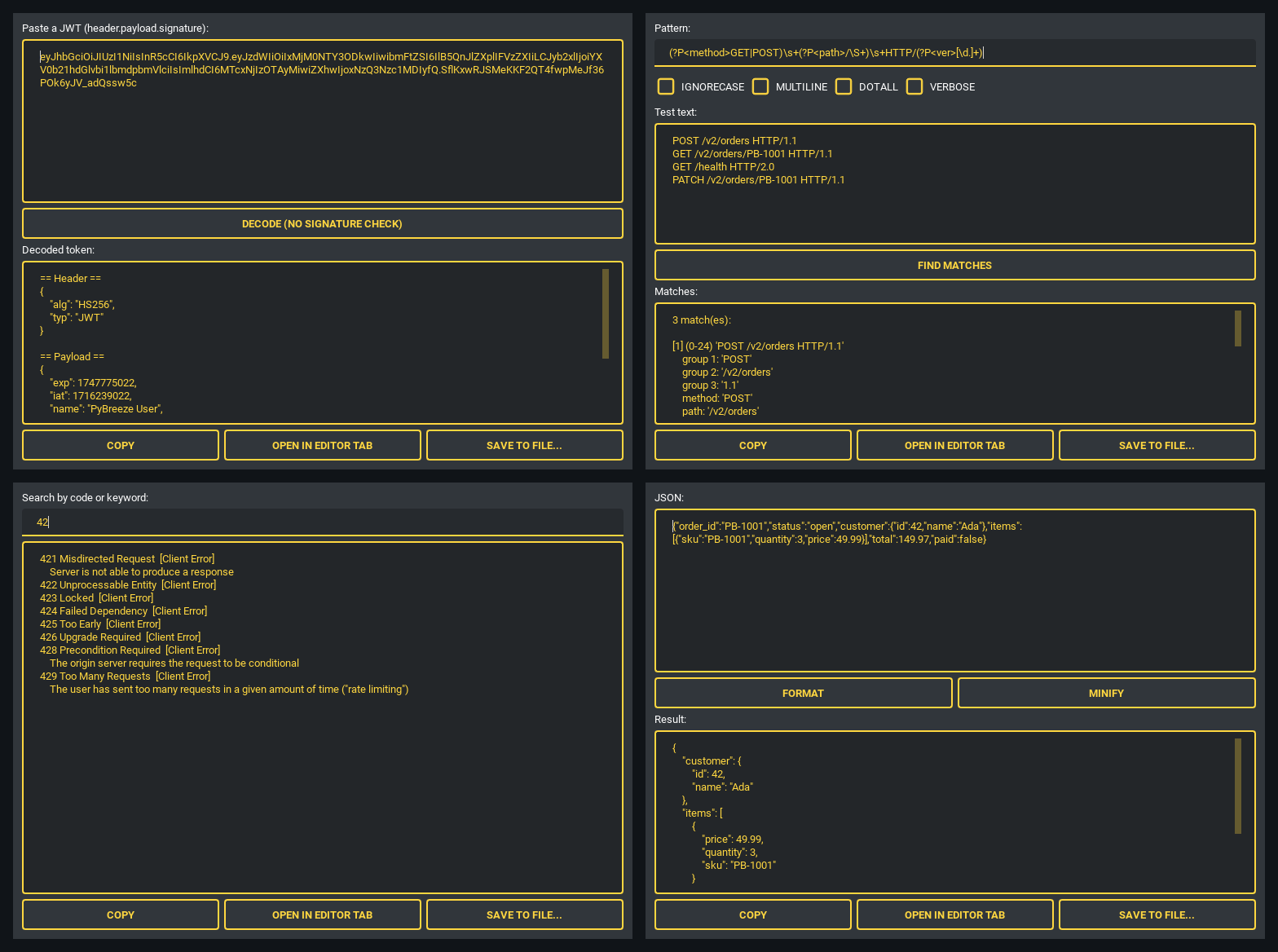 JWT decoder, regex tester, HTTP status reference, JSON format