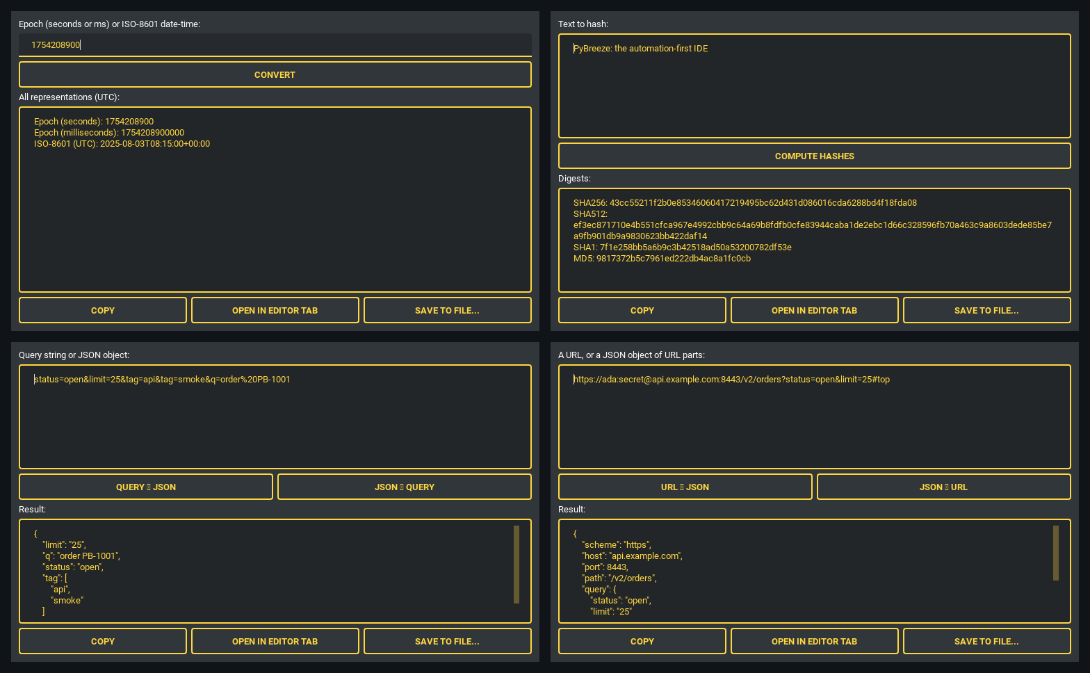 Timestamp converter, hash generator, query/JSON, URL builder